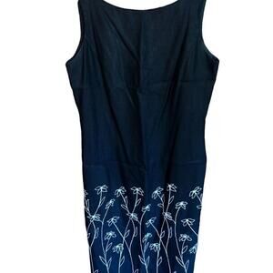 YL Black linen blend tank dress with white floral embroidery size 8